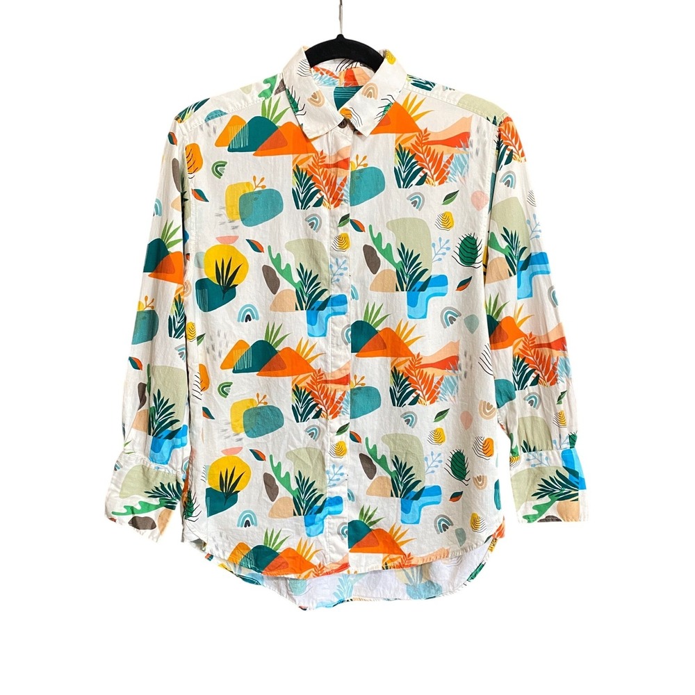 Siesta O'Clock Womens Abstract Landscape Print Button Down Shirt Multicolor XS‎